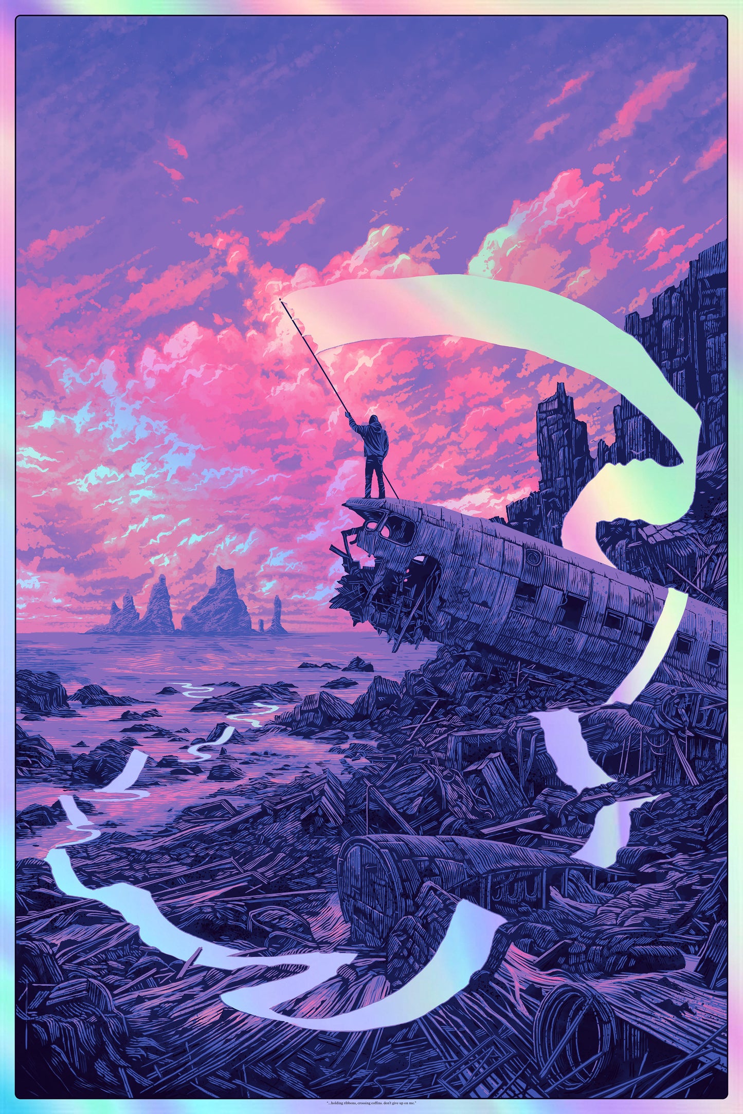 "holding ribbons, crossing coffins." variant